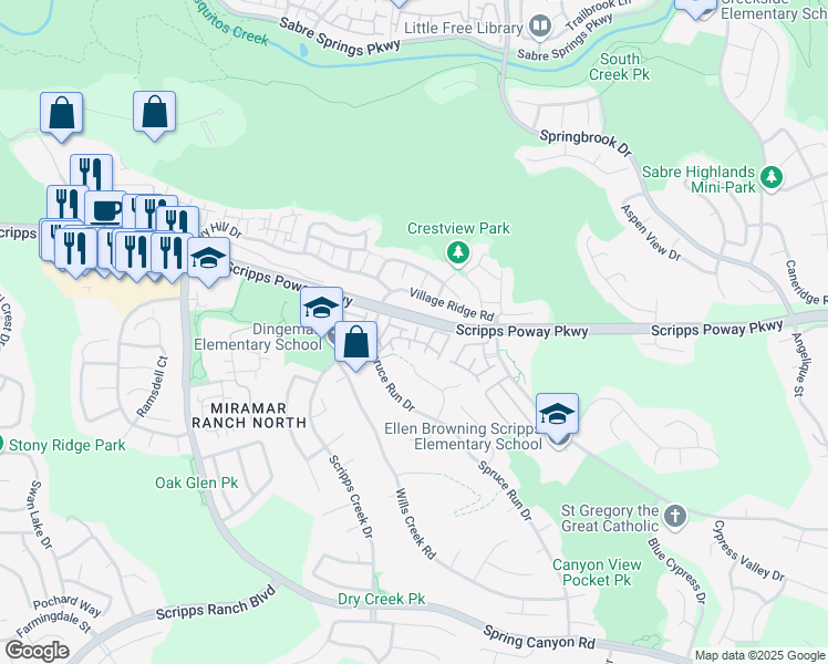 map of restaurants, bars, coffee shops, grocery stores, and more near 11867 Spruce Run Drive in San Diego