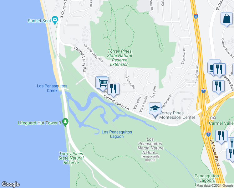 map of restaurants, bars, coffee shops, grocery stores, and more near 12747 Via Borgia in Del Mar