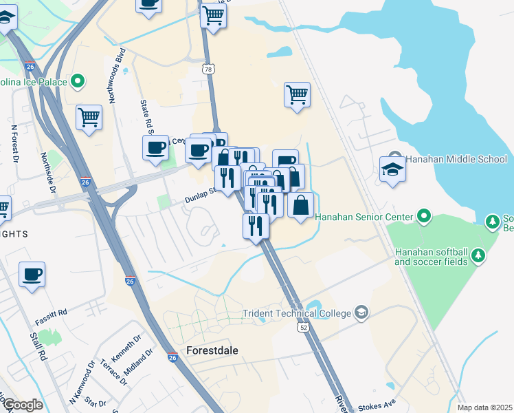 map of restaurants, bars, coffee shops, grocery stores, and more near 7256-7258 Rivers Avenue in North Charleston