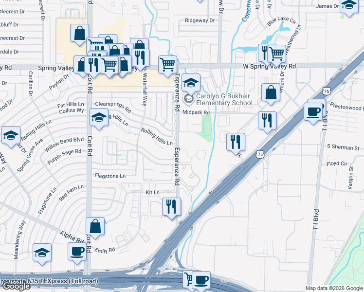 map of restaurants, bars, coffee shops, grocery stores, and more near 13510 Esperanza Road in Dallas