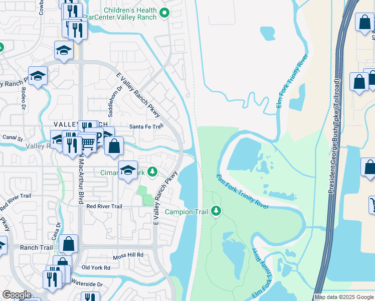 map of restaurants, bars, coffee shops, grocery stores, and more near 9331 Valley Ranch Parkway East in Irving