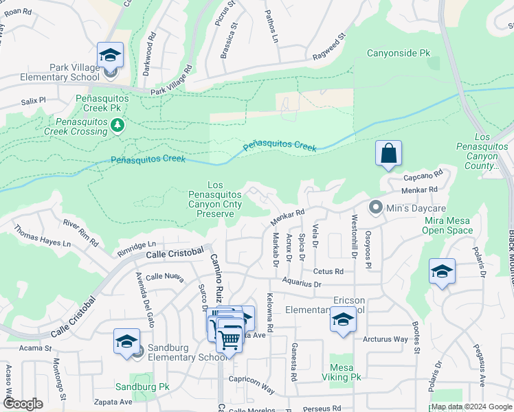 map of restaurants, bars, coffee shops, grocery stores, and more near 11504 Hadar Drive in San Diego