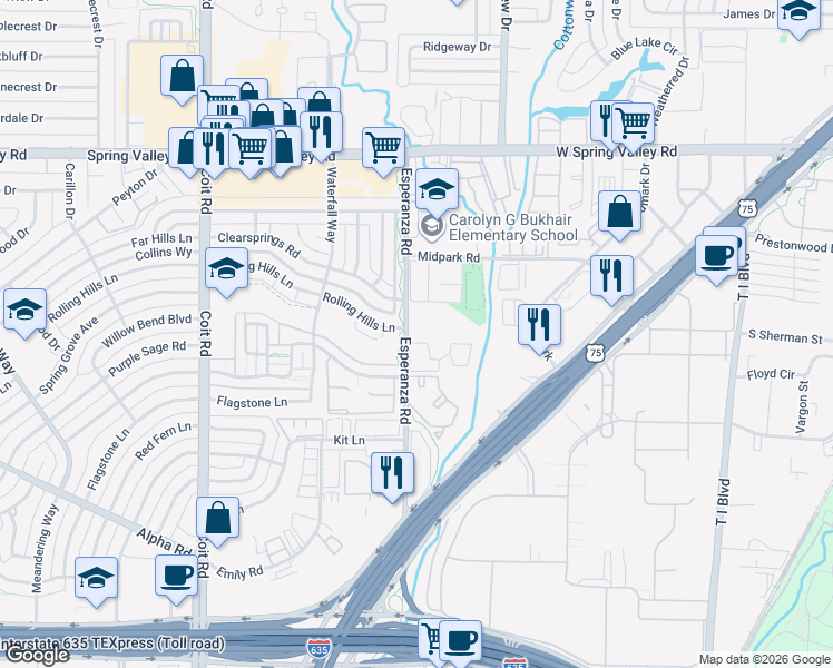 map of restaurants, bars, coffee shops, grocery stores, and more near 13510 Esperanza Road in Dallas