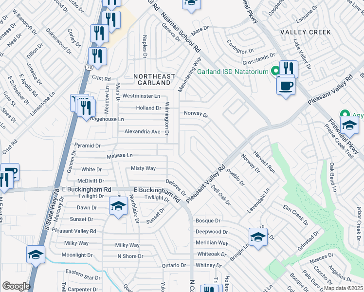 map of restaurants, bars, coffee shops, grocery stores, and more near 1233 Meandering Way in Garland
