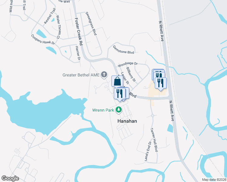 map of restaurants, bars, coffee shops, grocery stores, and more near 6201 Channel Marker Way in Hanahan