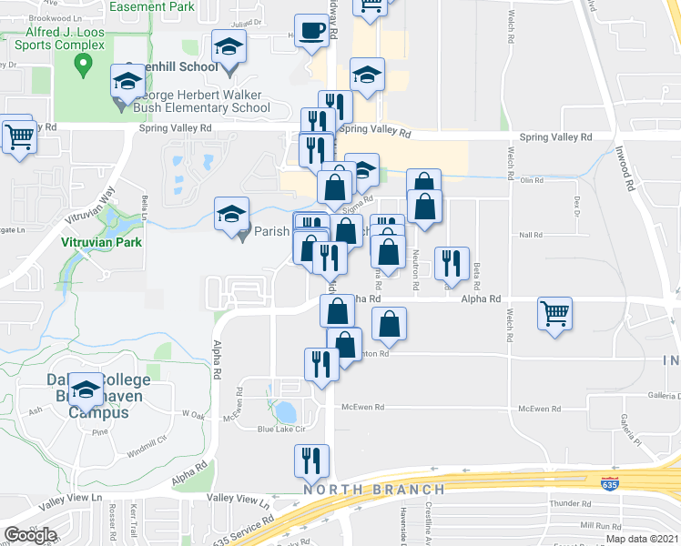 map of restaurants, bars, coffee shops, grocery stores, and more near 13614 Midway Rd in Dallas