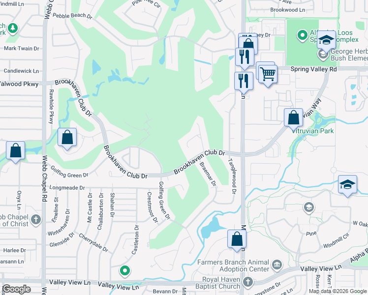 map of restaurants, bars, coffee shops, grocery stores, and more near 3511 Pinehurst Circle in Farmers Branch