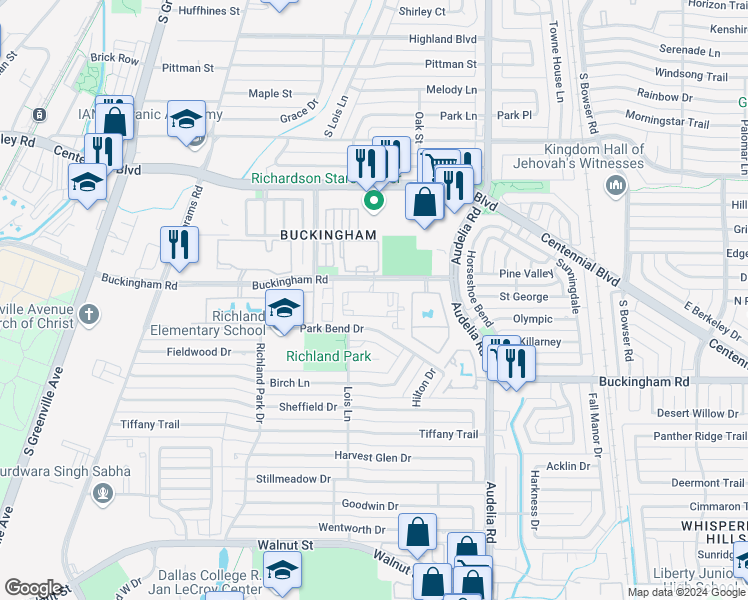 map of restaurants, bars, coffee shops, grocery stores, and more near 530 East Buckingham Road in Richardson