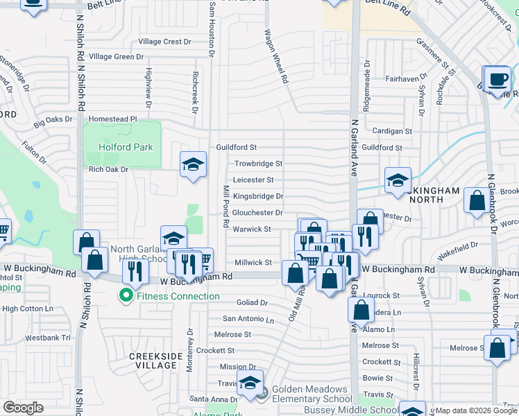 map of restaurants, bars, coffee shops, grocery stores, and more near 1729 Glouchester Drive in Garland