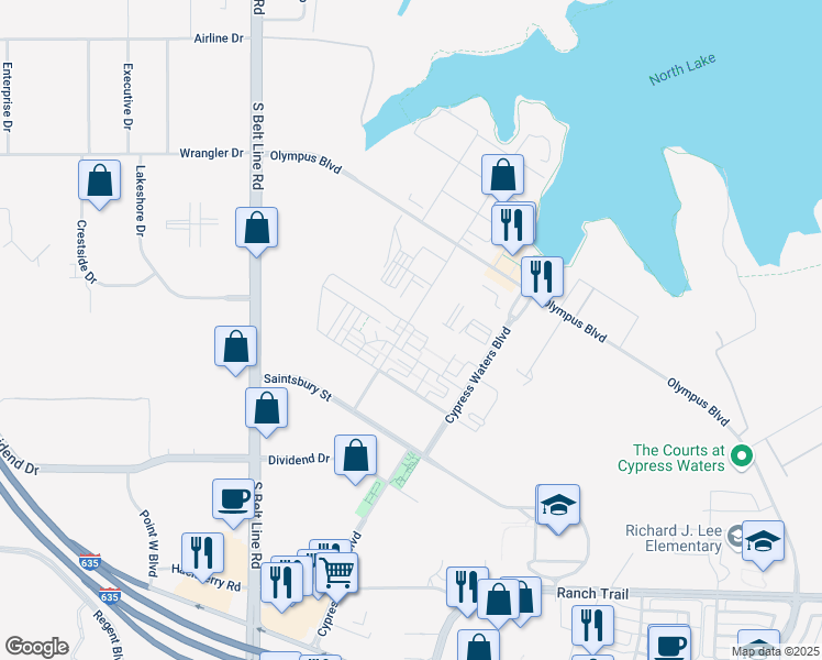 map of restaurants, bars, coffee shops, grocery stores, and more near 9240 Water Mill Road in Irving