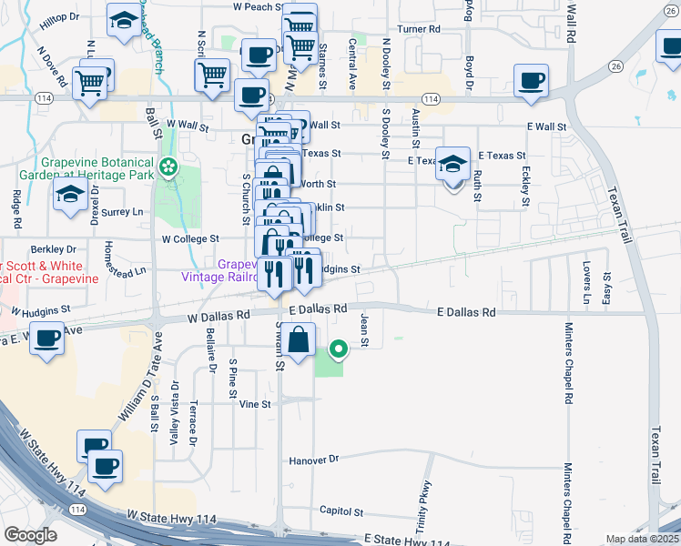 map of restaurants, bars, coffee shops, grocery stores, and more near 800 South Main Street in Grapevine