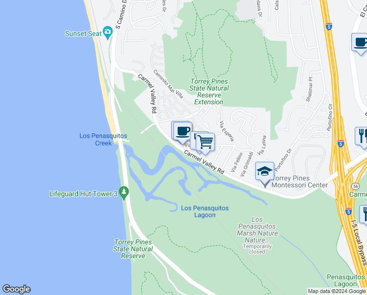 map of restaurants, bars, coffee shops, grocery stores, and more near 2212 Carmel Valley Road in Del Mar