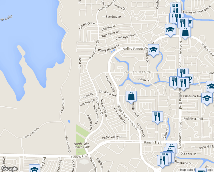 map of restaurants, bars, coffee shops, grocery stores, and more near 9316 Ponderosa Trail in Irving