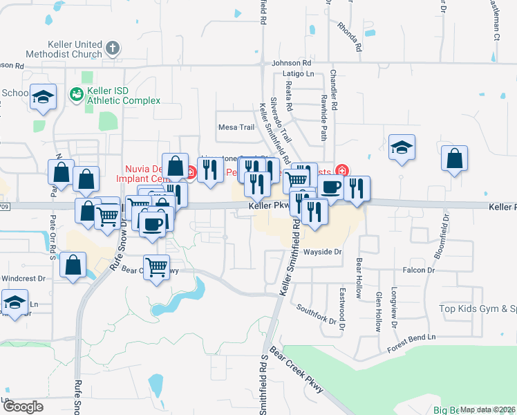 map of restaurants, bars, coffee shops, grocery stores, and more near 1400 Keller Parkway in Keller