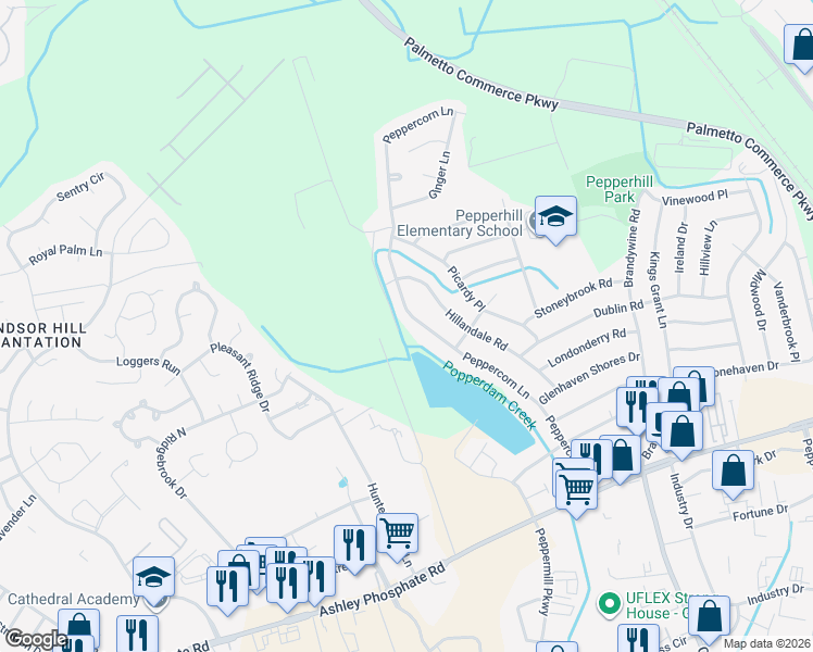 map of restaurants, bars, coffee shops, grocery stores, and more near 7667 Peppercorn Lane in North Charleston