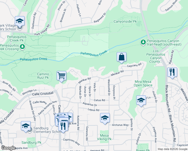 map of restaurants, bars, coffee shops, grocery stores, and more near 8651 Menkar Road in San Diego