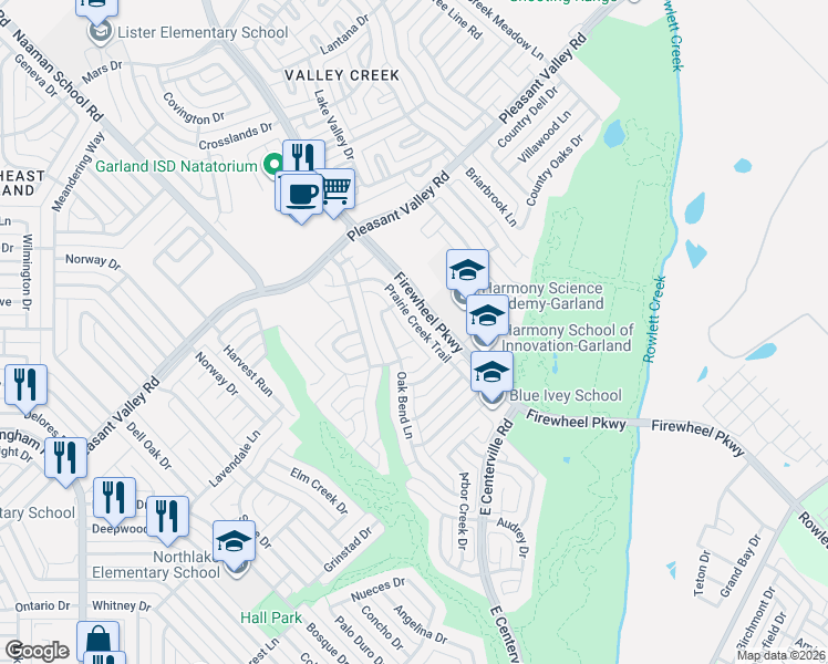 map of restaurants, bars, coffee shops, grocery stores, and more near 2114 Oak Bend Lane in Garland