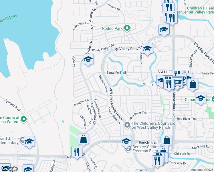 map of restaurants, bars, coffee shops, grocery stores, and more near 9321 Valley Ranch Parkway West in Irving