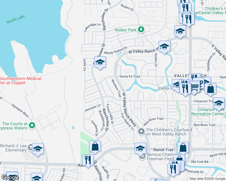 map of restaurants, bars, coffee shops, grocery stores, and more near 9316 Ponderosa Trail in Irving