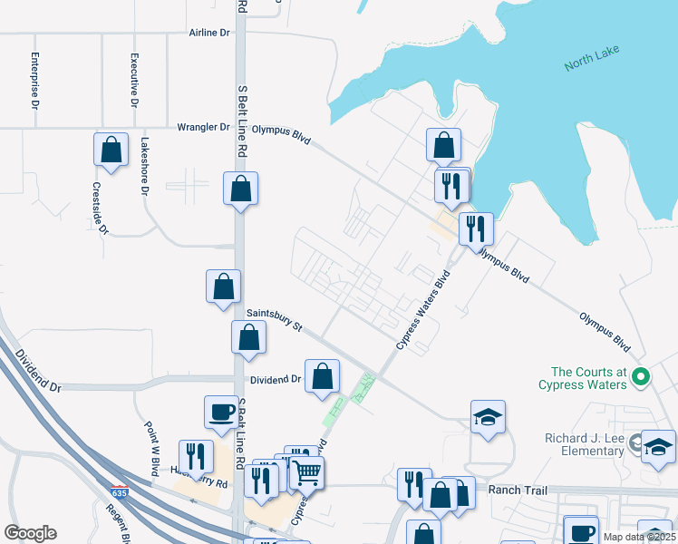 map of restaurants, bars, coffee shops, grocery stores, and more near 3325 Scotch Creek Road in Irving