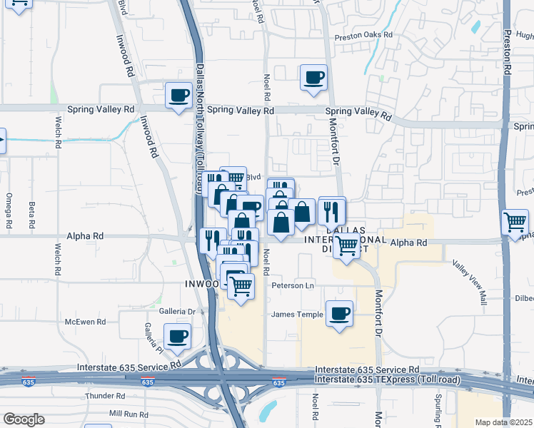 map of restaurants, bars, coffee shops, grocery stores, and more near 5301 Valley View Trail in Dallas