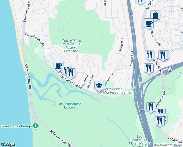 map of restaurants, bars, coffee shops, grocery stores, and more near 12850 Via Grimaldi in Del Mar
