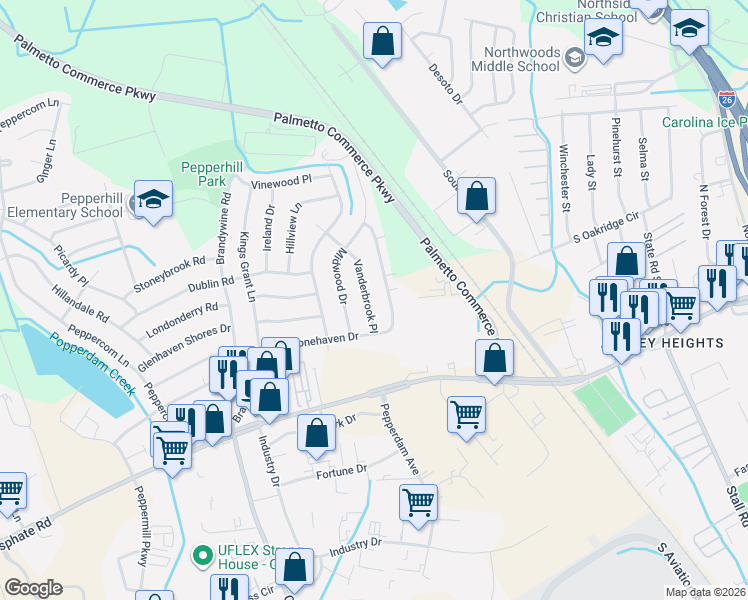 map of restaurants, bars, coffee shops, grocery stores, and more near 7617 Vanderbrook Place in North Charleston