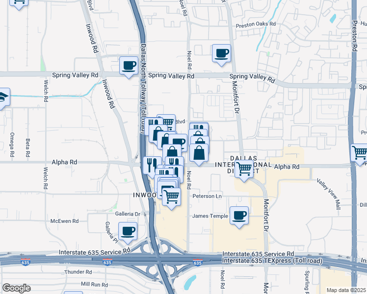 map of restaurants, bars, coffee shops, grocery stores, and more near 13675 Noel Road in Dallas