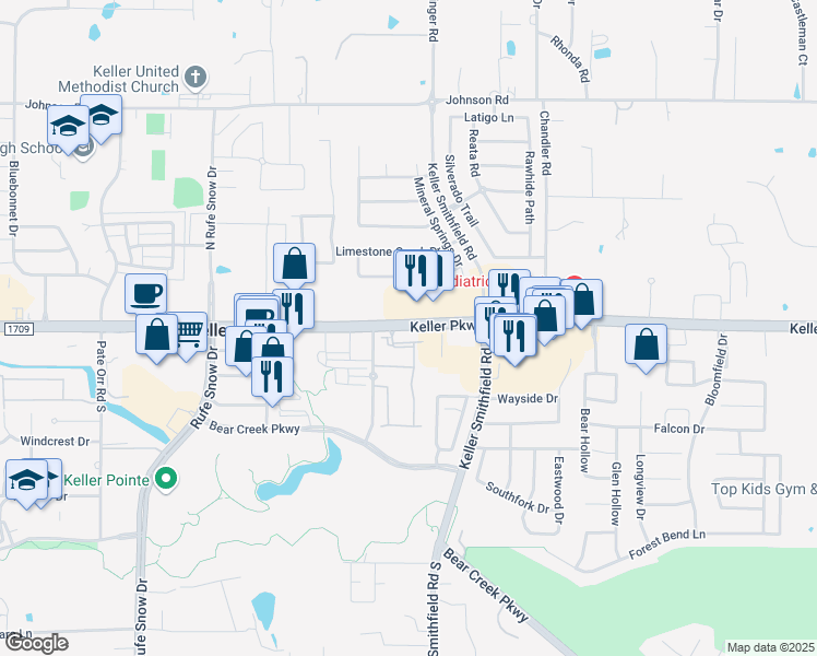 map of restaurants, bars, coffee shops, grocery stores, and more near 1374 Keller Parkway in Keller