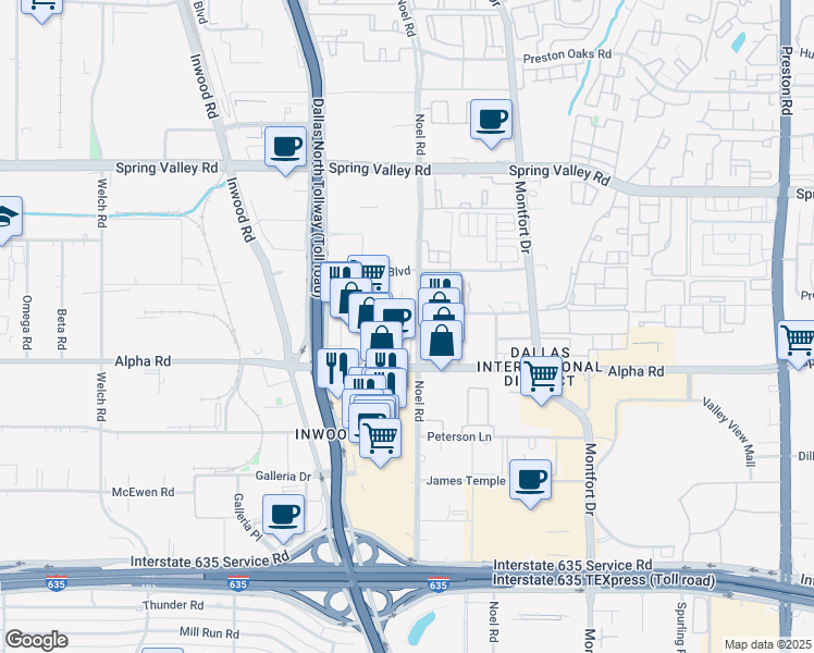 map of restaurants, bars, coffee shops, grocery stores, and more near 13675 Noel Road in Dallas