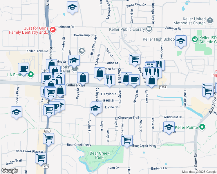 map of restaurants, bars, coffee shops, grocery stores, and more near 424 Keller Parkway in Keller