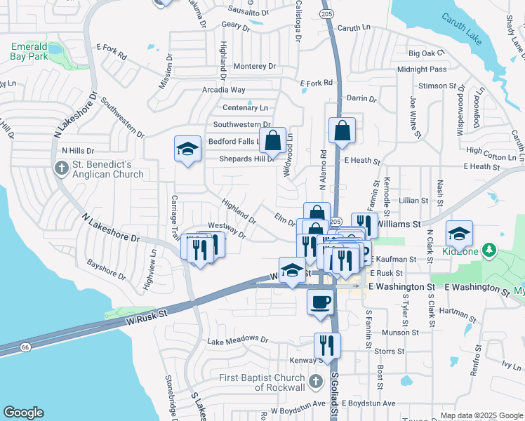 map of restaurants, bars, coffee shops, grocery stores, and more near 408 Valley Drive in Rockwall