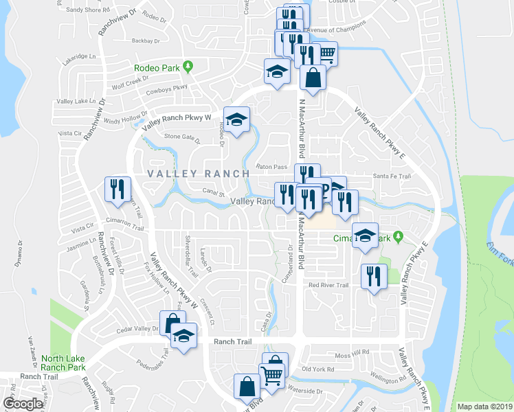 map of restaurants, bars, coffee shops, grocery stores, and more near 655 Cimarron Trail in Irving