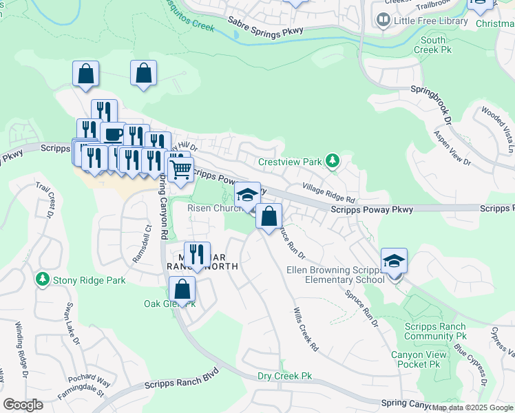 map of restaurants, bars, coffee shops, grocery stores, and more near 11860 Scripps Creek Drive in San Diego