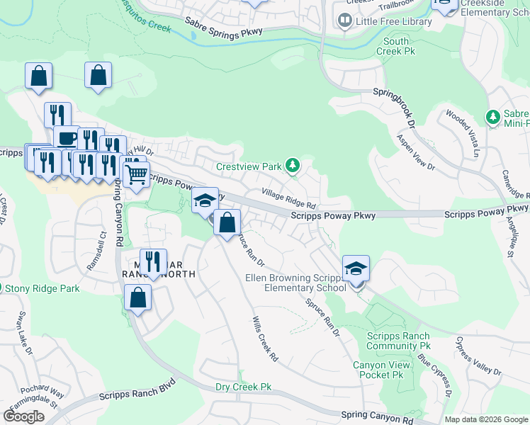 map of restaurants, bars, coffee shops, grocery stores, and more near 11867 Spruce Run Drive in San Diego