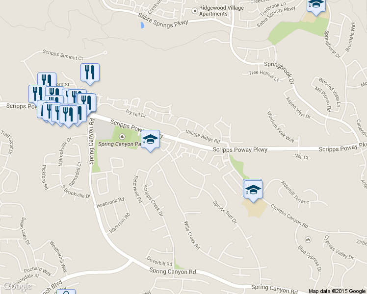 map of restaurants, bars, coffee shops, grocery stores, and more near 11805 Spruce Run Drive in San Diego