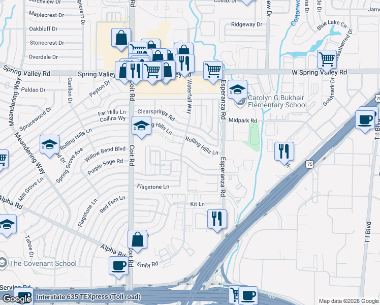 map of restaurants, bars, coffee shops, grocery stores, and more near 14040 Rolling Hills Lane in Dallas