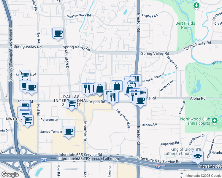map of restaurants, bars, coffee shops, grocery stores, and more near 5816 Preston View Boulevard in Dallas