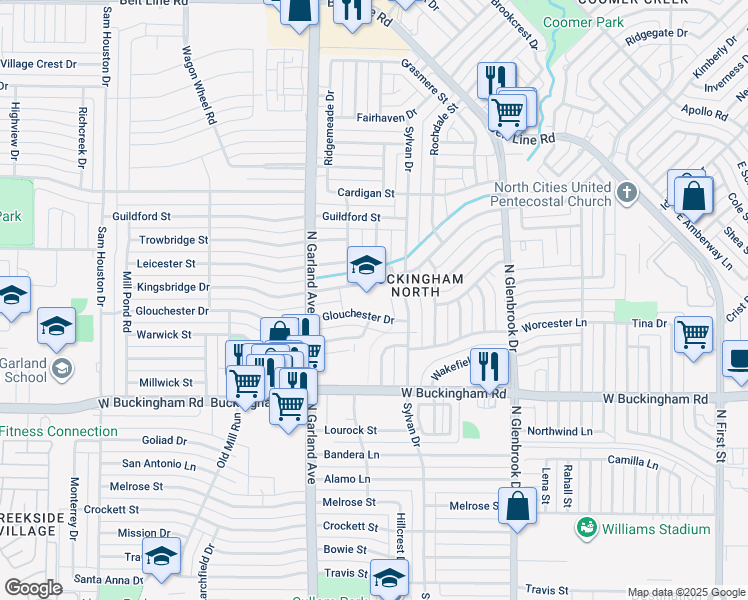 map of restaurants, bars, coffee shops, grocery stores, and more near 1200 Kingsbridge Drive in Garland