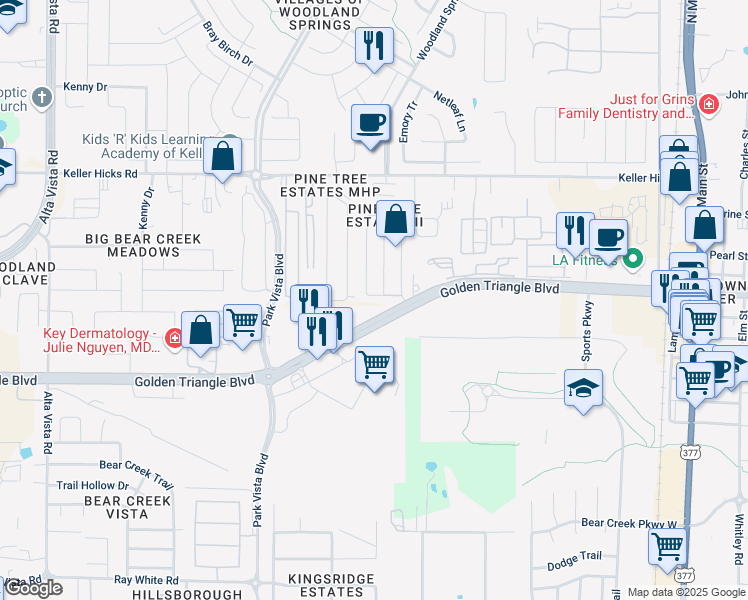 map of restaurants, bars, coffee shops, grocery stores, and more near 11117 Golden Triangle Circle in Fort Worth