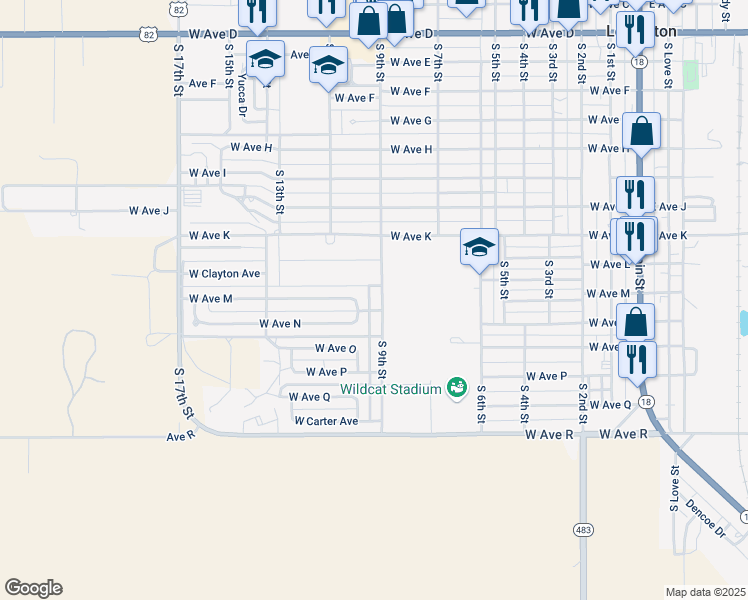 map of restaurants, bars, coffee shops, grocery stores, and more near 932-960 West Ave M in Lovington