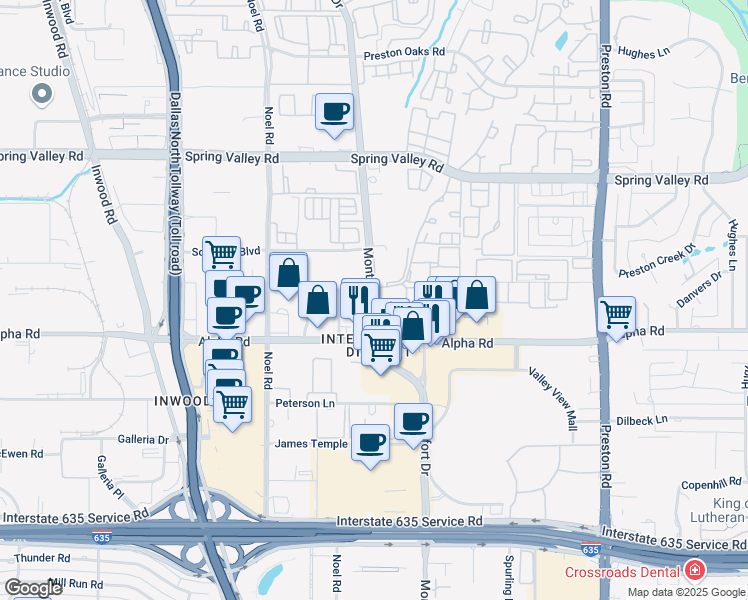 map of restaurants, bars, coffee shops, grocery stores, and more near 13660 Montfort Drive in Dallas