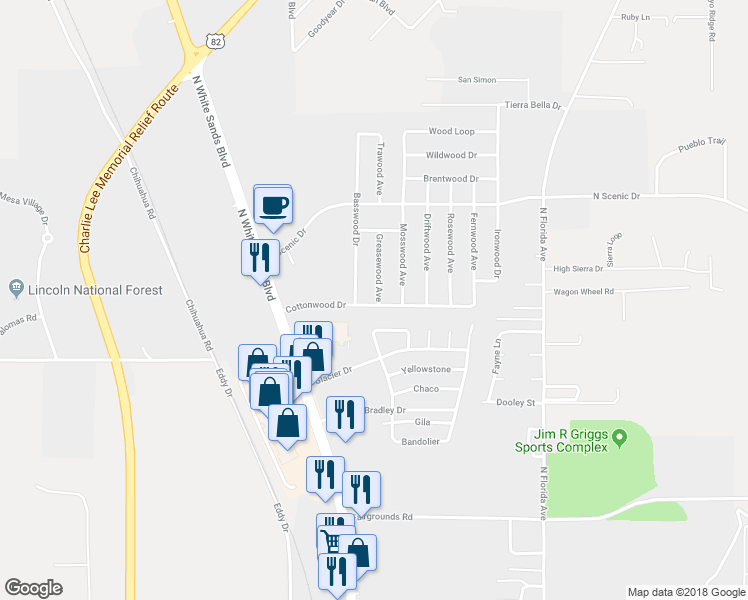 map of restaurants, bars, coffee shops, grocery stores, and more near 3501 Greasewood Avenue in Alamogordo