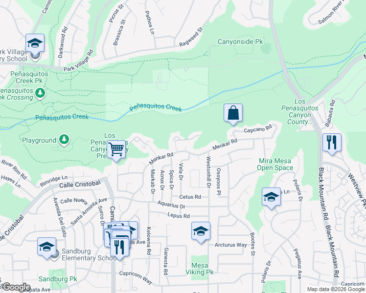 map of restaurants, bars, coffee shops, grocery stores, and more near 8651 Menkar Road in San Diego