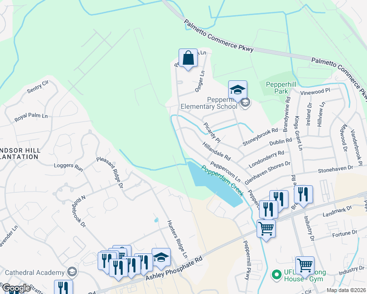map of restaurants, bars, coffee shops, grocery stores, and more near 7667 Peppercorn Lane in North Charleston