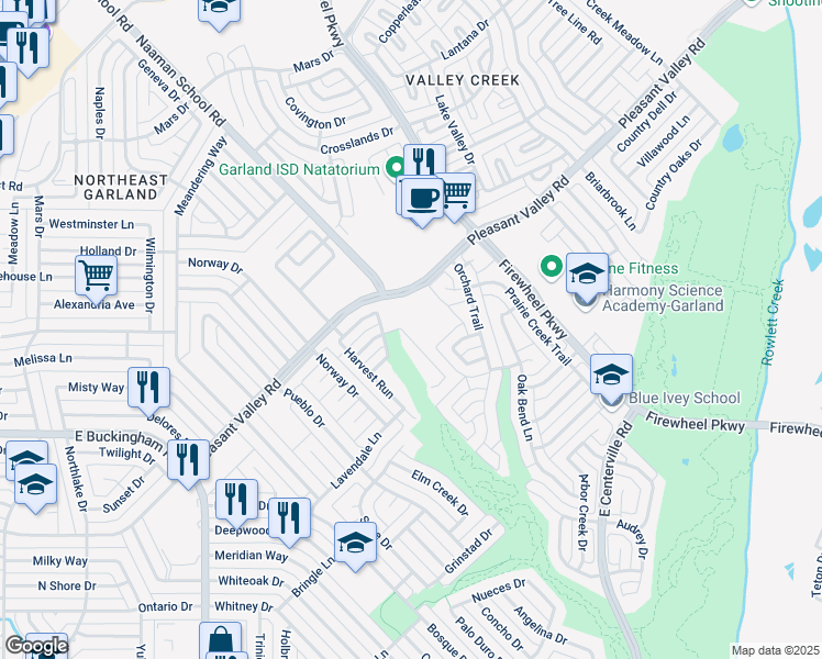 map of restaurants, bars, coffee shops, grocery stores, and more near 2125 Autumn Trail in Garland