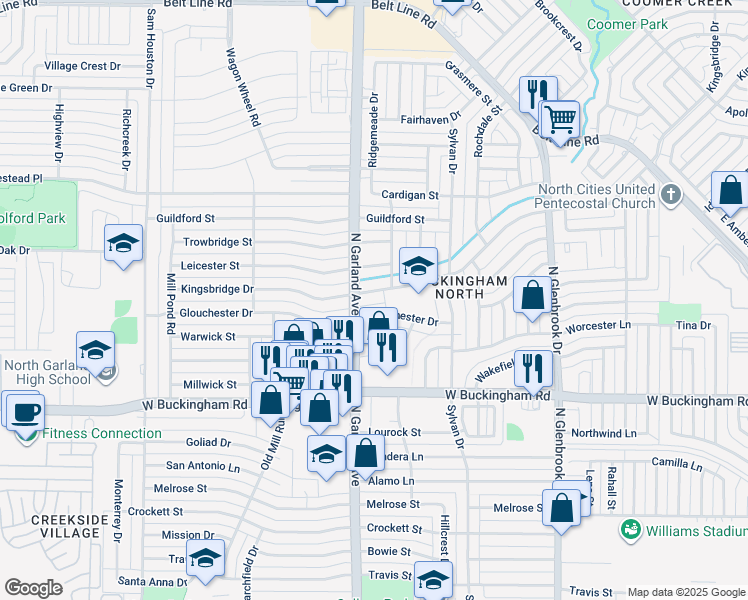 map of restaurants, bars, coffee shops, grocery stores, and more near 1317 Glouchester Drive in Garland