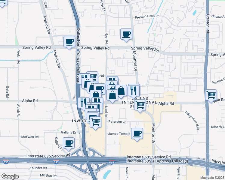 map of restaurants, bars, coffee shops, grocery stores, and more near 5301 Valley View Trail in Dallas