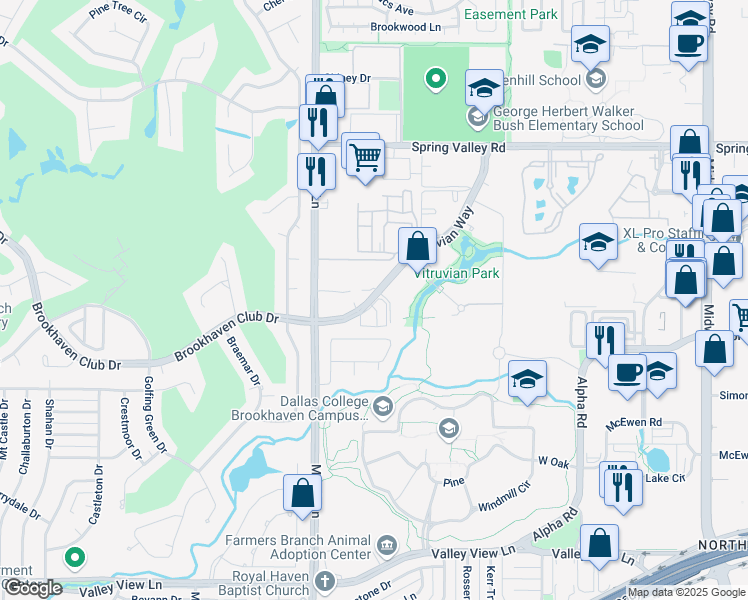 map of restaurants, bars, coffee shops, grocery stores, and more near 3766 Vitruvian Way in Addison