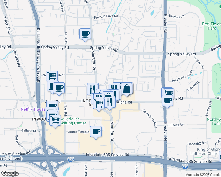 map of restaurants, bars, coffee shops, grocery stores, and more near 13660 Montfort Drive in Dallas